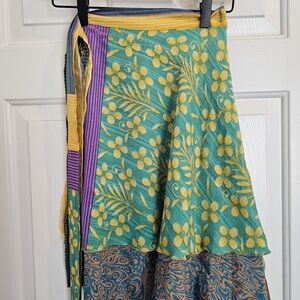 Sari Wrap Skirt, MINI Turquoise & Yellow Floral Wrap Skirt with Purple Trim